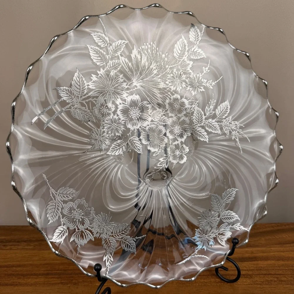 Cambridge Silver City Glass Cake Plate Sterling Silver Overlay Floral 12.25in